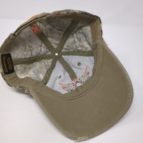 Browning Strapback Baseball Cap Brown One Size Adjustable Distressed Camouflage - Picture 7 of 9
